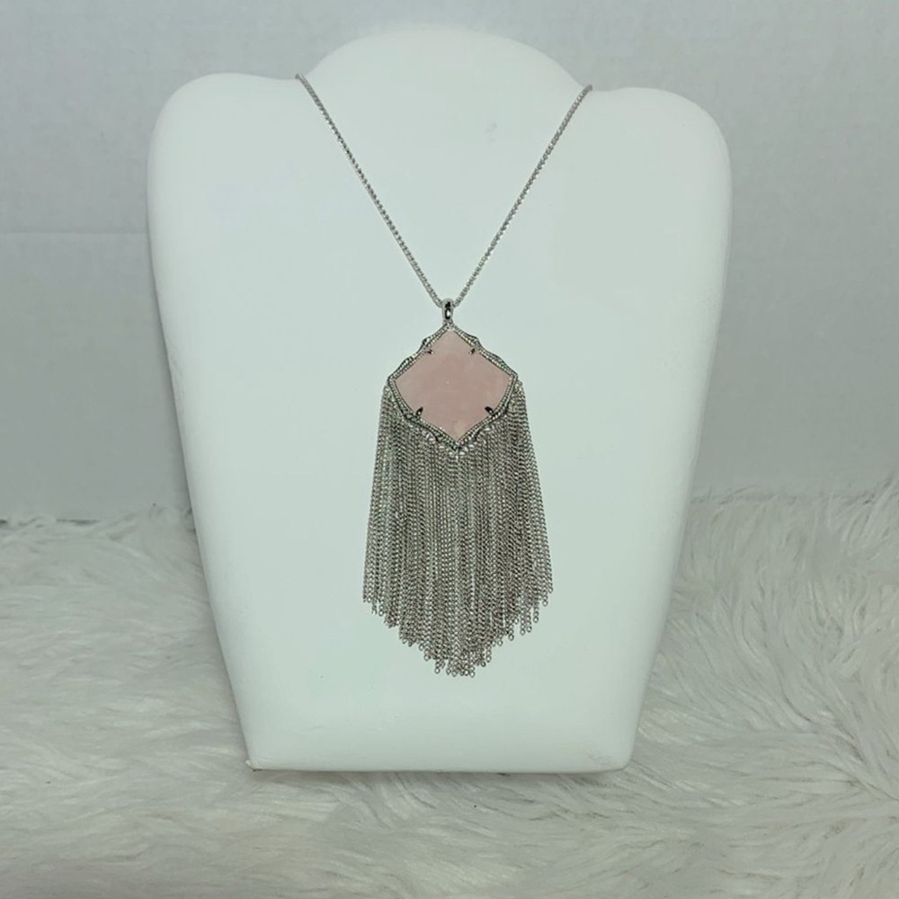 Kendra Scott Kingston Necklace Faceted Rose Quartz Pendant silver fringe/chain